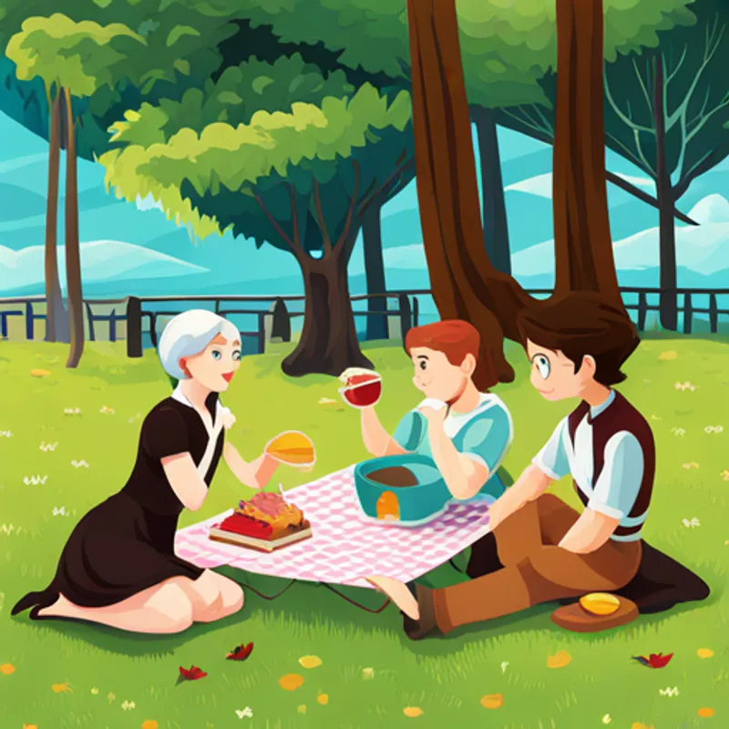 Fay, Ivy, Charles, and Joany having a picnic in a park