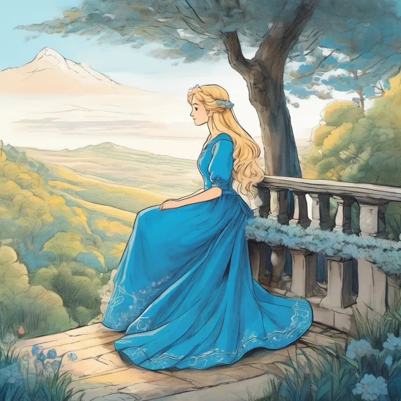 Young woman with blonde hair, wearing a blue gown, a kind maiden in beautiful surroundings