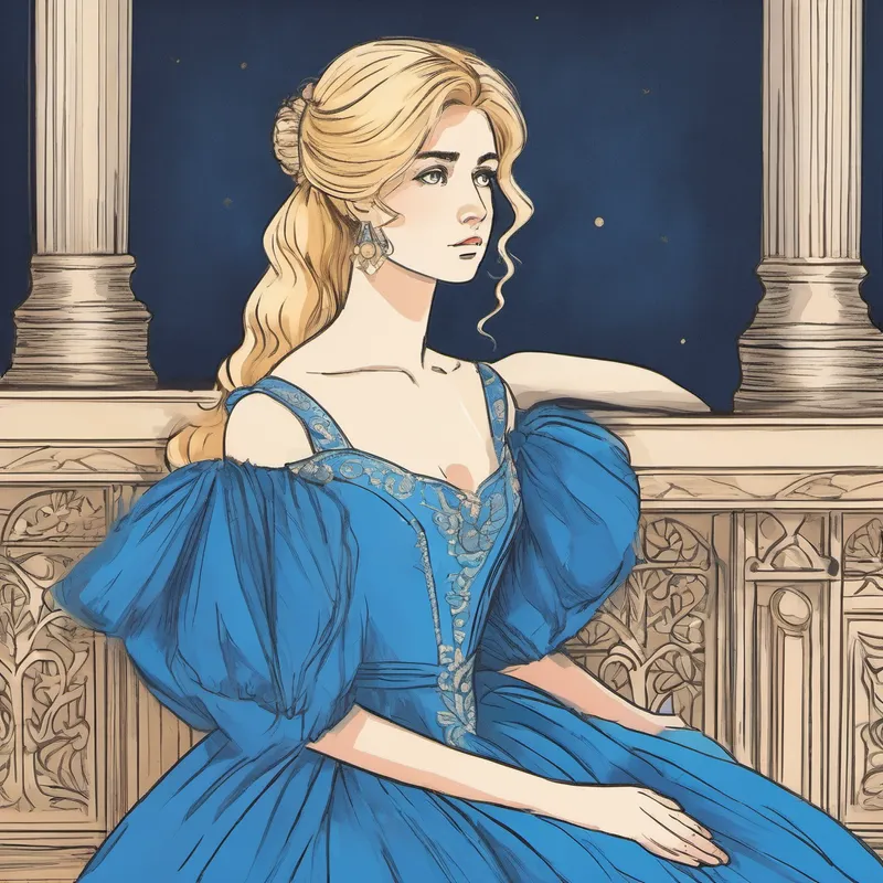 Young woman with blonde hair, wearing a blue gown, sad and forbidden from the royal ball