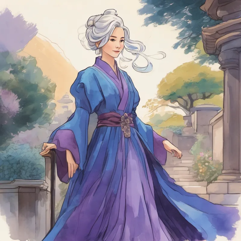 Young woman with blonde hair, wearing a blue gown's Old woman with silver hair, wearing a purple robe miraculously transforms her attire