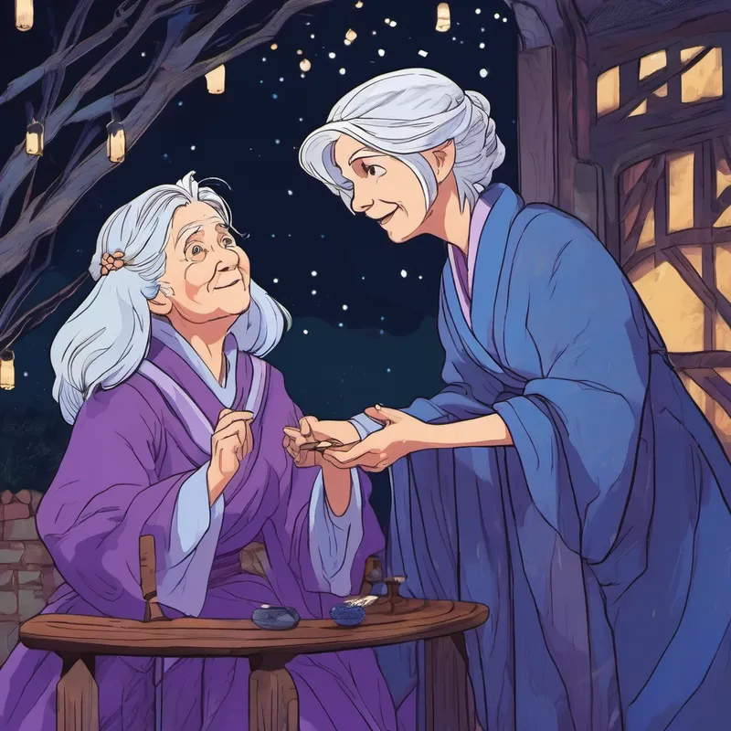 The Old woman with silver hair, wearing a purple robe warns Young woman with blonde hair, wearing a blue gown about midnight