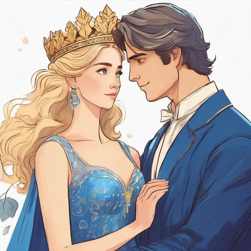 Young woman with blonde hair, wearing a blue gown impressing the Handsome man with dark hair, wearing a golden crown with her grace and beauty
