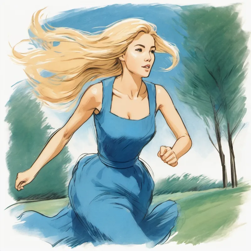 Young woman with blonde hair, wearing a blue gown running away from the ball