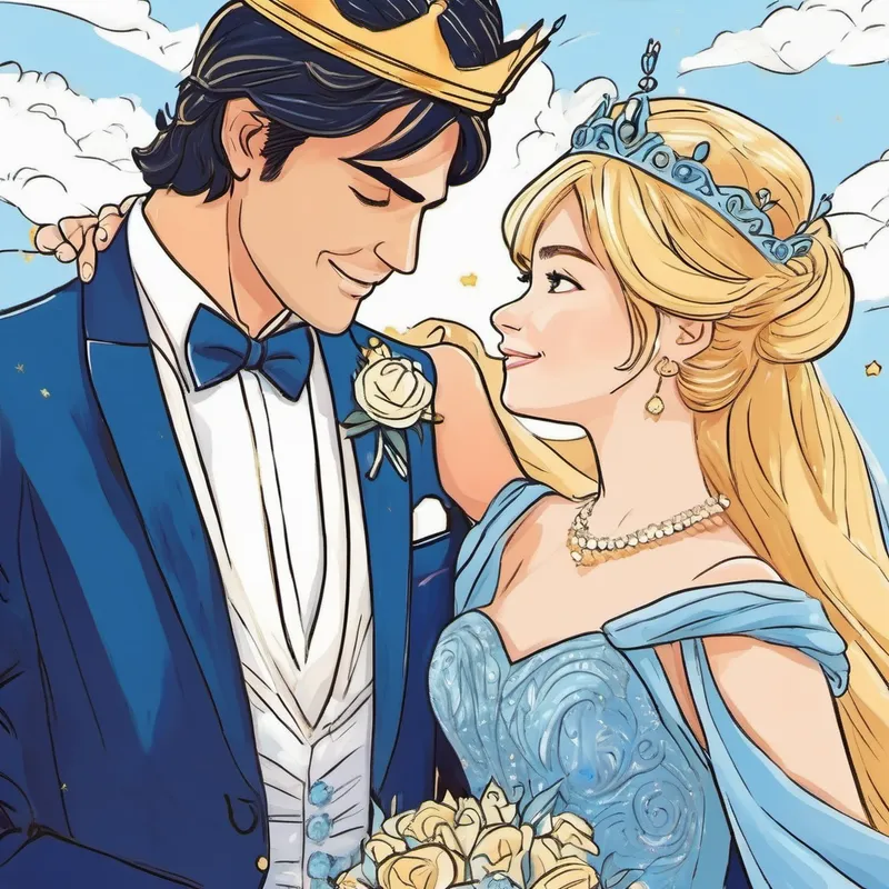 Young woman with blonde hair, wearing a blue gown and the Handsome man with dark hair, wearing a golden crown happily united at their wedding