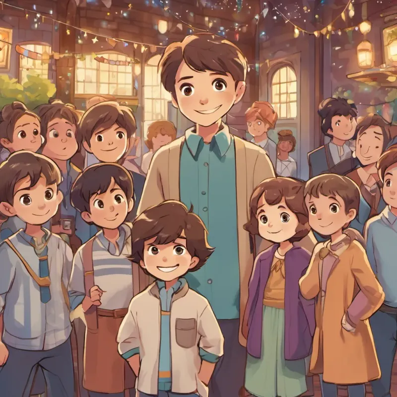 7-year-old boy, identical twin to 7-year-old boy with floppy brown hair and big curious eyes, with a similarly curious look and a big smile standing proudly with 7-year-old boy with floppy brown hair and big curious eyes, with a sparkle in his eye, and the party guests around them.