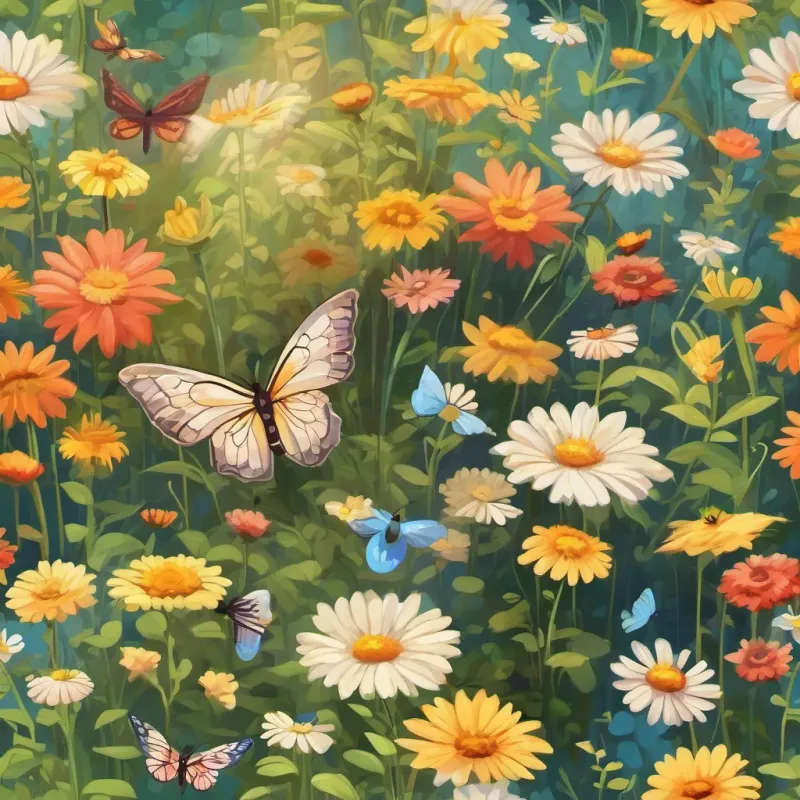 A sunny garden blooming with flowers, butterflies fluttering and bees buzzing around, but no person in sight.