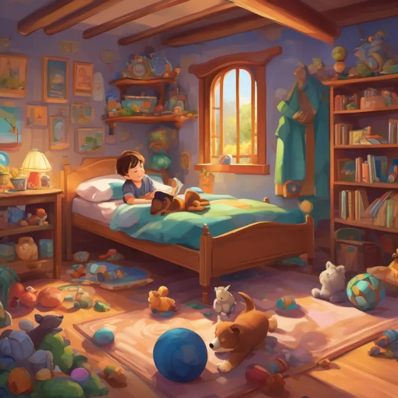 A vibrant playroom strewn with toys and a bed, under which 7-year-old boy with floppy brown hair and big curious eyes is peacefully sleeping.