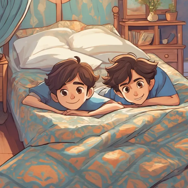 7-year-old boy with floppy brown hair and big curious eyes waking up under his bed cover, with 7-year-old boy, identical twin to 7-year-old boy with floppy brown hair and big curious eyes, with a similarly curious look and a big smile smiling right next to him.