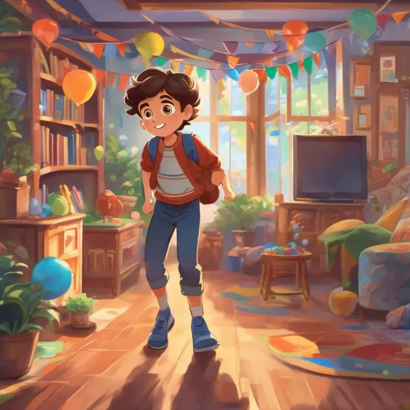 7-year-old boy with floppy brown hair and big curious eyes, now fully awake and cheerful, rushing towards the decorated living room where the party is ongoing.