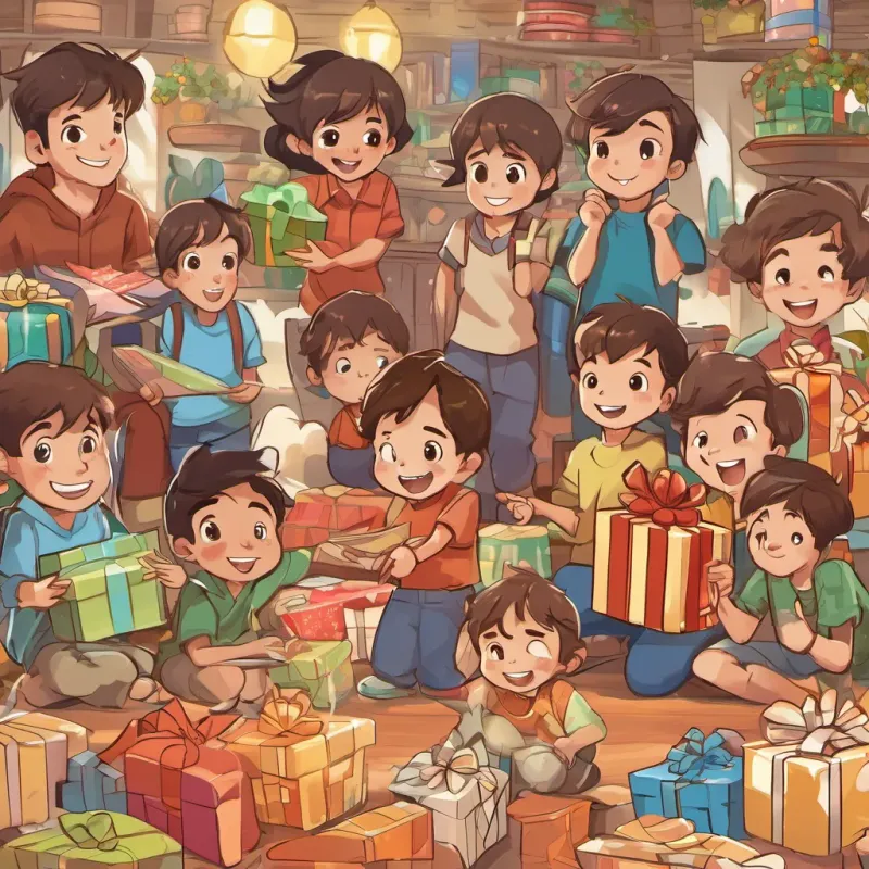 7-year-old boy with floppy brown hair and big curious eyes and 7-year-old boy, identical twin to 7-year-old boy with floppy brown hair and big curious eyes, with a similarly curious look and a big smile surrounded by friends, opening presents, with expressions of delight on their faces.