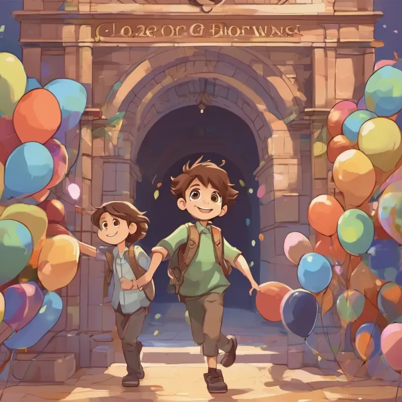 7-year-old boy with floppy brown hair and big curious eyes and 7-year-old boy, identical twin to 7-year-old boy with floppy brown hair and big curious eyes, with a similarly curious look and a big smile under an archway of balloons, embracing each other with happy smiles as the party continues around them.