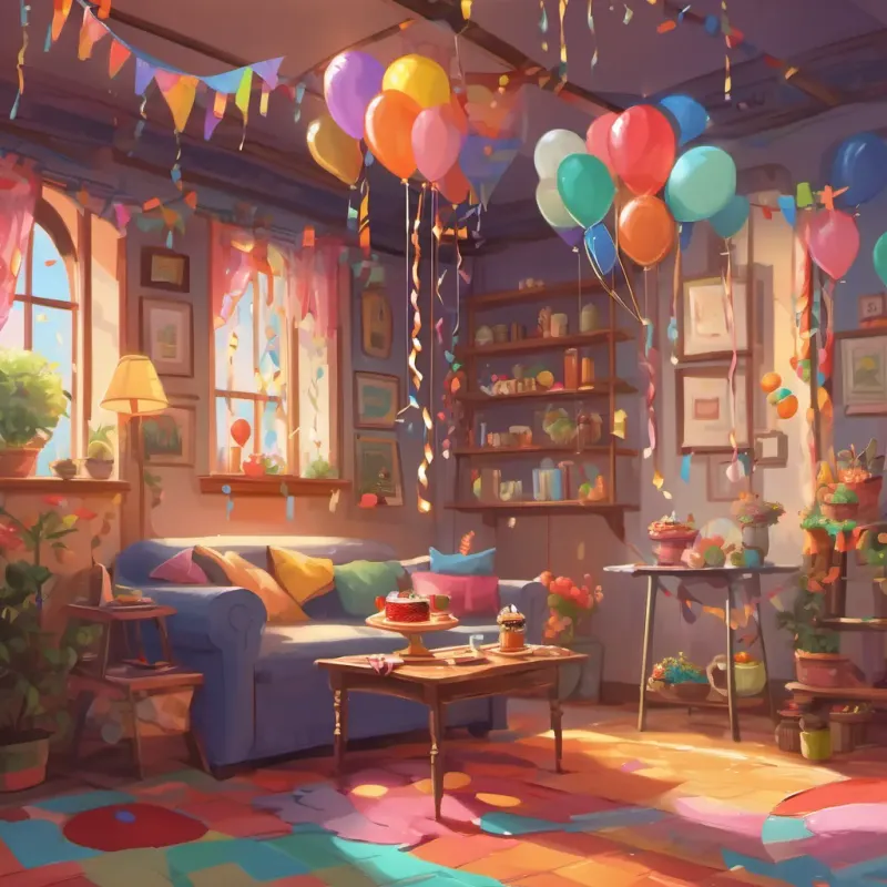 A cozy, lively living room decorated with colorful streamers, balloons, and a half-eaten birthday cake on the table.
