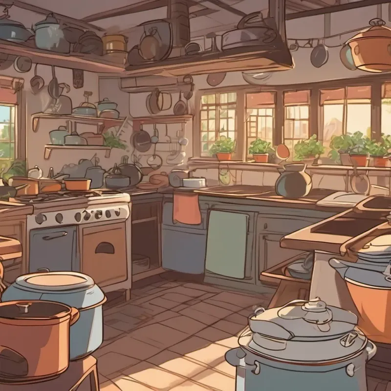 A bustling kitchen with pots and pans, steam rising, and nobody in sight.