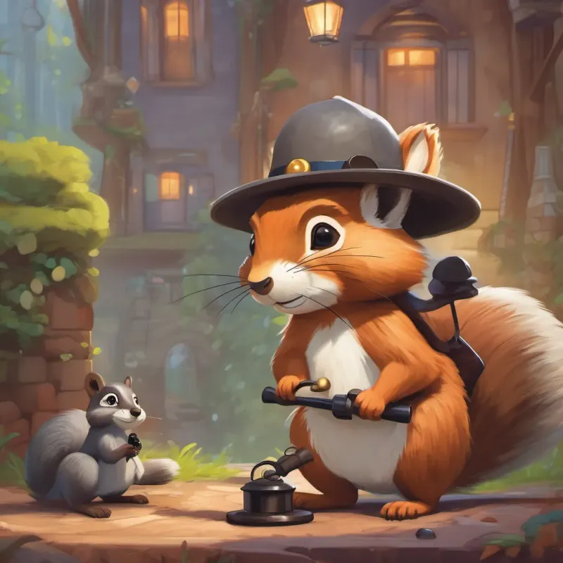 A loyal squirrel wearing a tiny detective hat and a raccoon with a magnifying glass, both looking determined.