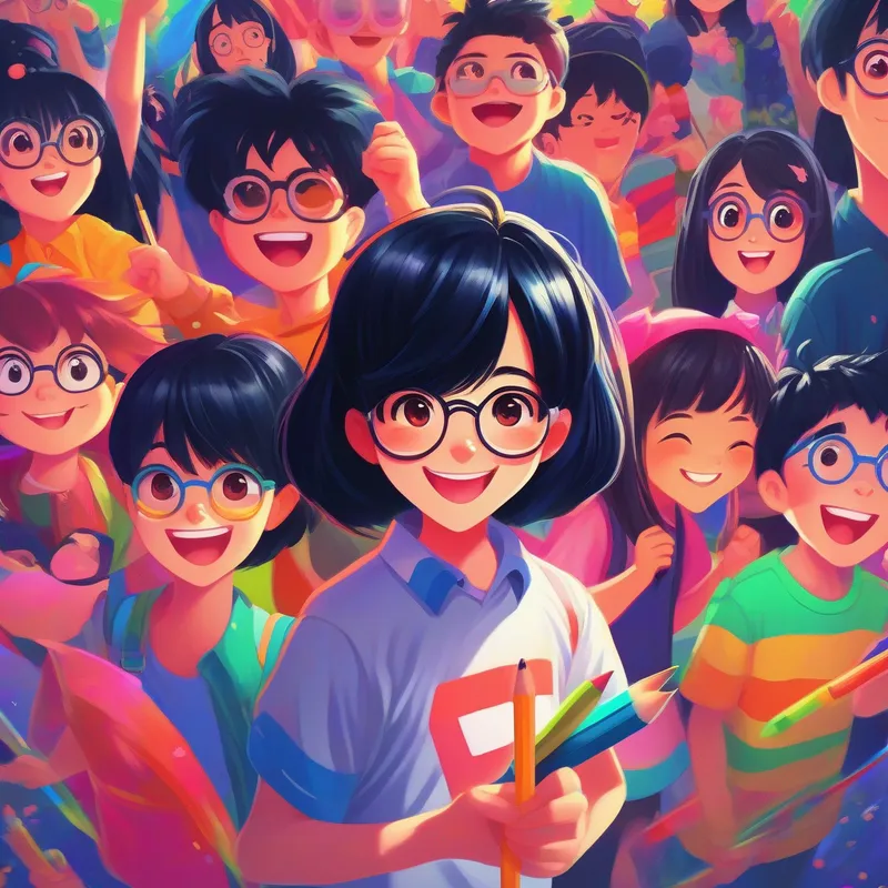 Black hair, glasses, anime-themed shirt, joyful expression holding a pencil, vibrant colors, anime characters in background