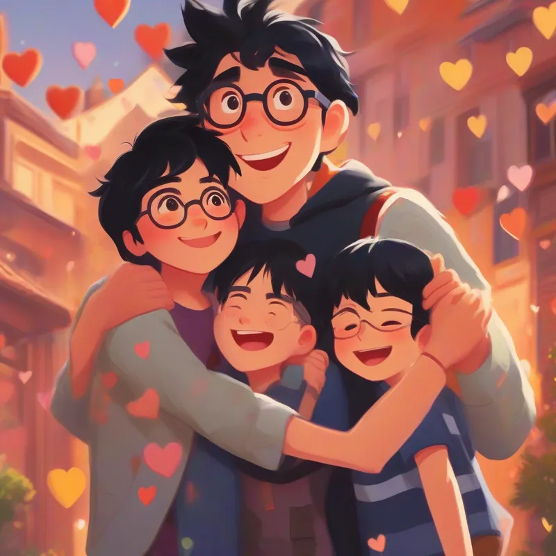 Black hair, glasses, anime-themed shirt, joyful expression hugging his parents, warm colors, hearts in background