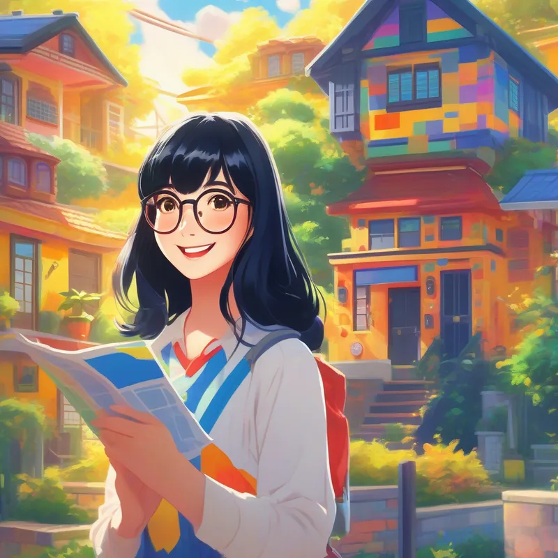 Black hair, glasses, anime-themed shirt, joyful expression with blueprints, colorful house model, sunny background