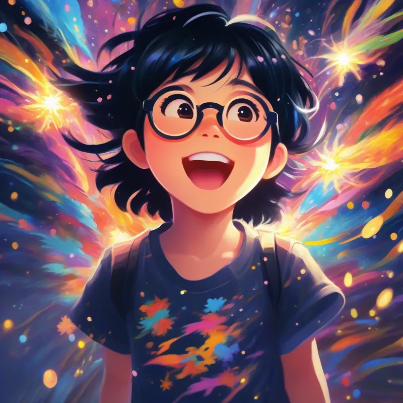 Black hair, glasses, anime-themed shirt, joyful expression with wide eyes, anime character surrounded by magical sparks