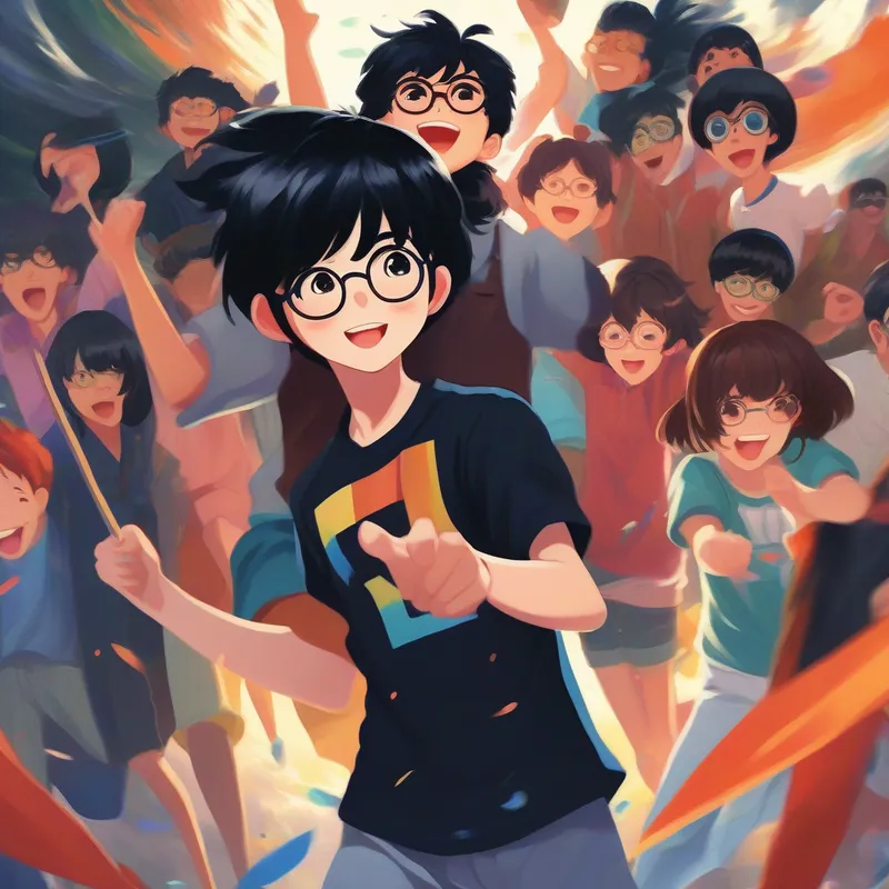 Black hair, glasses, anime-themed shirt, joyful expression and anime character standing together, confident expressions