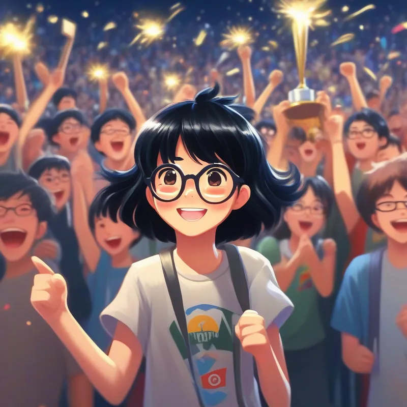 Black hair, glasses, anime-themed shirt, joyful expression holding a trophy, cheering crowd in the background