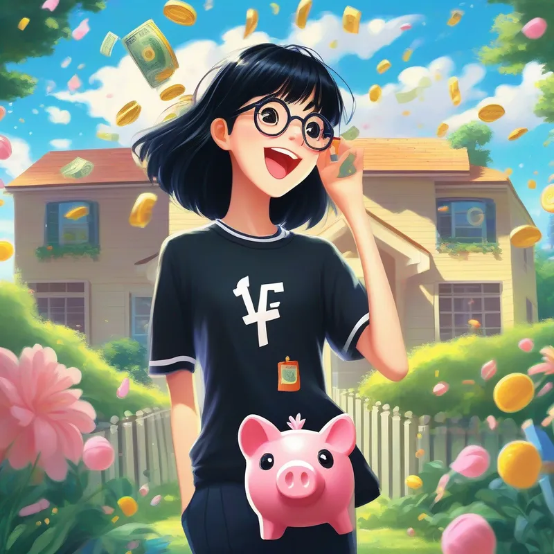 Black hair, glasses, anime-themed shirt, joyful expression with a piggy bank, dollar signs and a house in the background