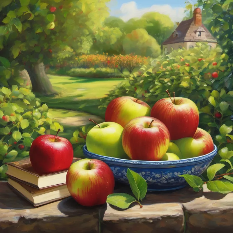 Once upon a time, in a beautiful garden, there lived a little ant named Amazing. Amazing loved to explore the garden and discover new things. One sunny day, Amazing stumbled upon a group of apples. There were 2 apples at first.