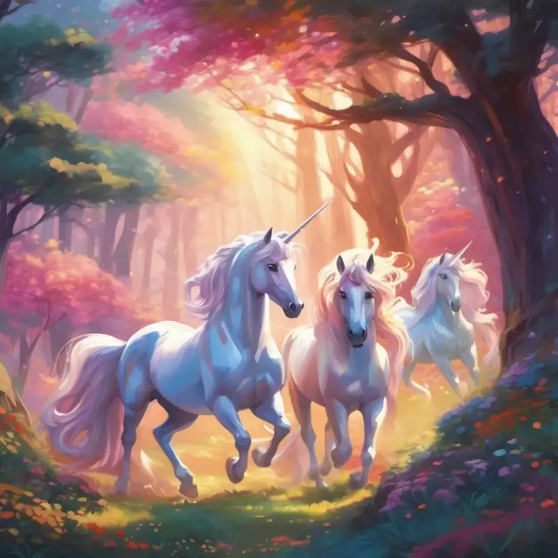 Approaching unicorns, their manes are glittering.