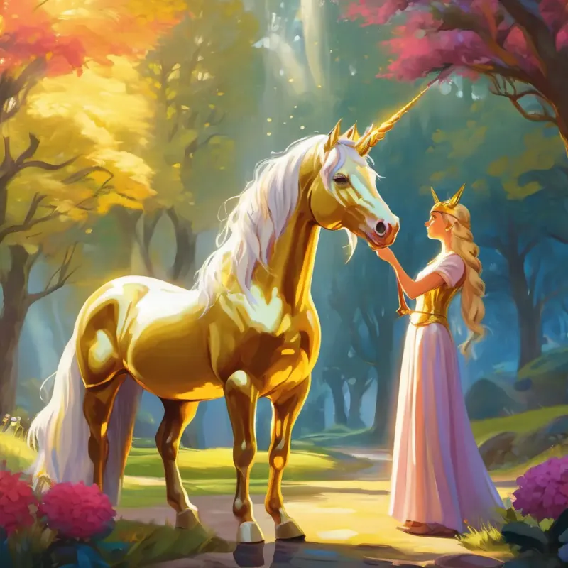 Meeting the Unicorn Queen with a golden horn.