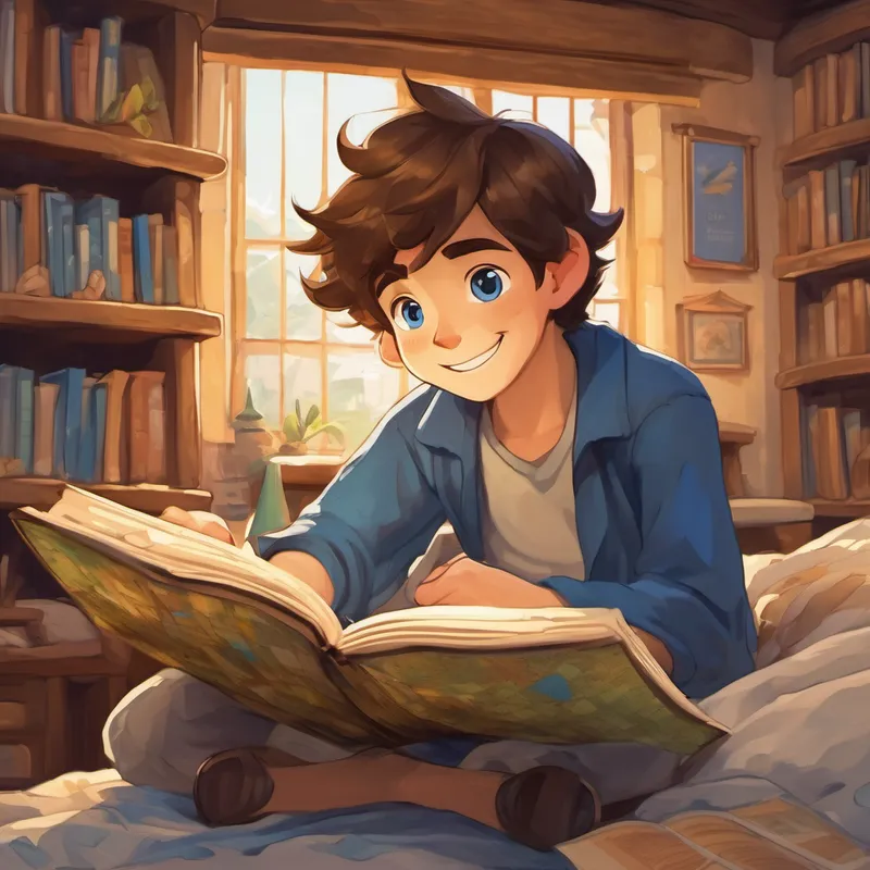 Jake has brown hair, blue eyes, and always has a big smile sitting on his bed, reading a book, with the map peaking out from between the pages