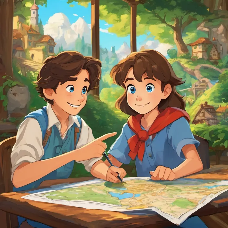 Jake has brown hair, blue eyes, and always has a big smile and Riley sitting at a table, looking at the map and pointing at different places