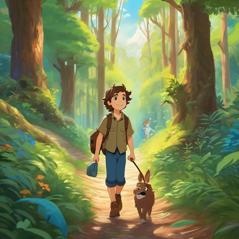 Jake has brown hair, blue eyes, and always has a big smile and Riley walking hand in hand through a magical forest, with animals peeking out from behind trees