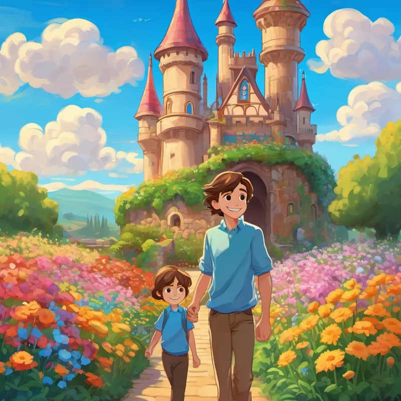 Jake has brown hair, blue eyes, and always has a big smile and Riley standing in a garden of colorful flowers, with a chocolate castle in the distance
