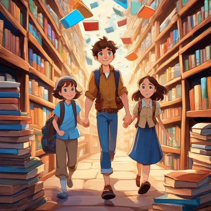 Jake has brown hair, blue eyes, and always has a big smile and Riley holding hands, surrounded by books flying in the air, filled with different stories and adventures