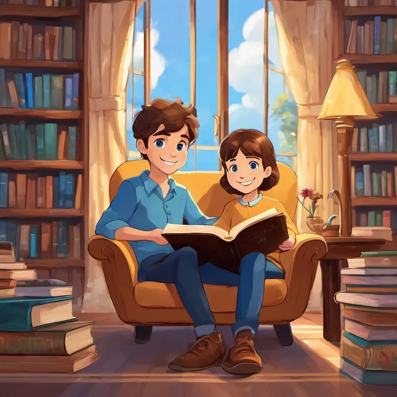 Jake has brown hair, blue eyes, and always has a big smile and Riley sitting on a cozy chair, holding books and smiling