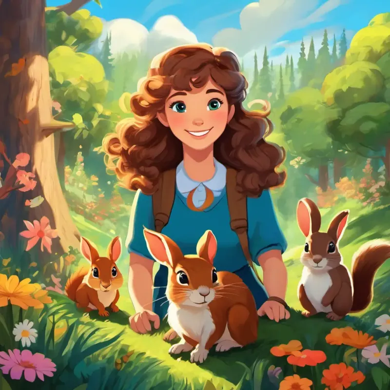 The illustration shows a sunny clearing in the forest with tall green trees and colorful flowers. Curly brown hair, bright blue eyes, adventurous and kind-hearted, with brown curly hair and bright blue eyes, is smiling as she talks to a group of animals, including rabbits, birds, and squirrels.