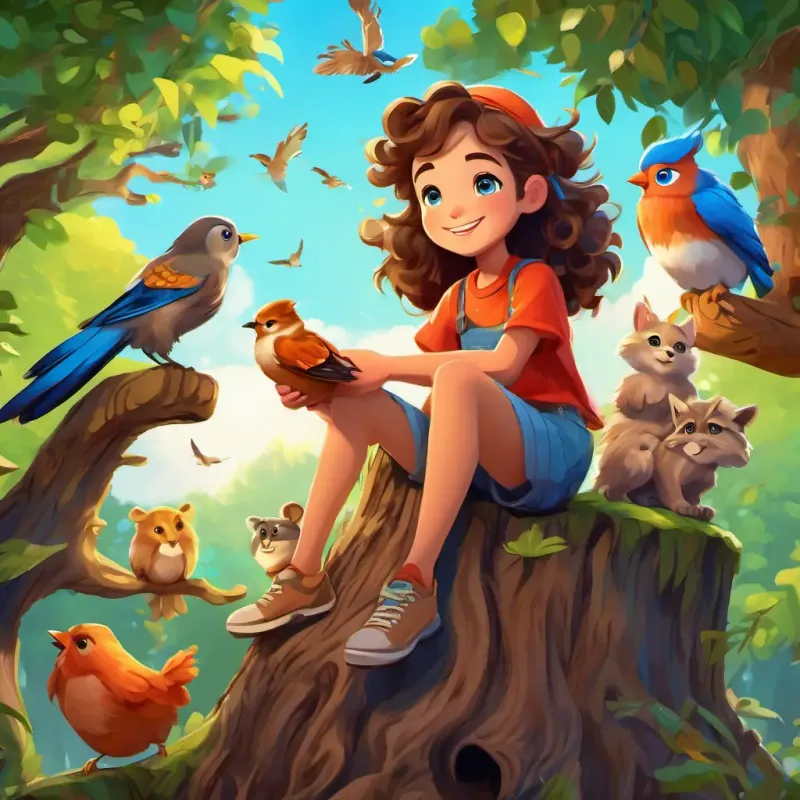 Curly brown hair, bright blue eyes, adventurous and kind-hearted is sitting on a tree stump surrounded by chatty animals, each with a big smile on their face. The trees are filled with vibrant birds chirping happily.