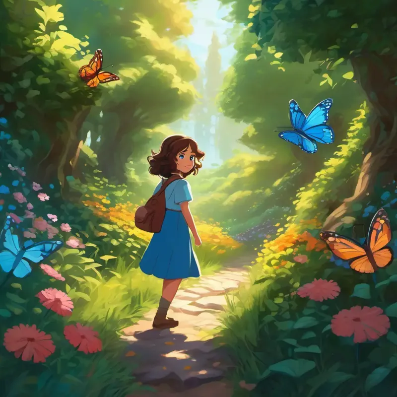 Curly brown hair, bright blue eyes, adventurous and kind-hearted is standing at the entrance of a winding, overgrown path. The trees are casting long shadows, and colorful butterflies can be seen fluttering around the bushes.