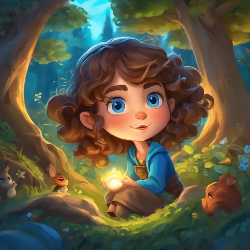 Curly brown hair, bright blue eyes, adventurous and kind-hearted is surrounded by curious creatures like talking trees, whimsical fairies, and friendly gnomes. They all have worried expressions and are looking at her hopefully for help.