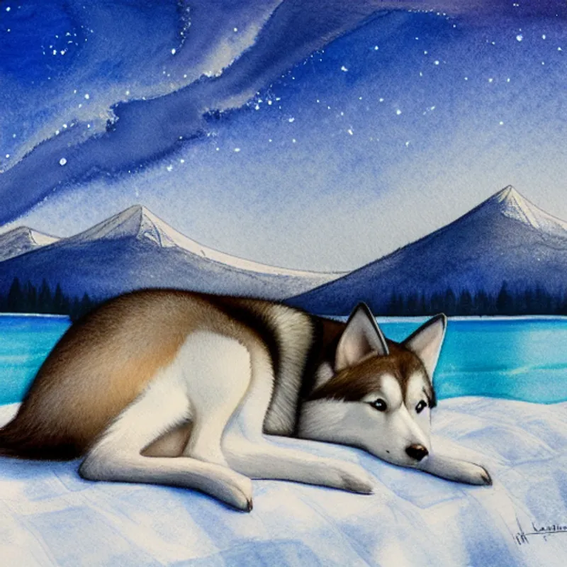 Artemis swimming in a clear blue lake surrounded by mountains