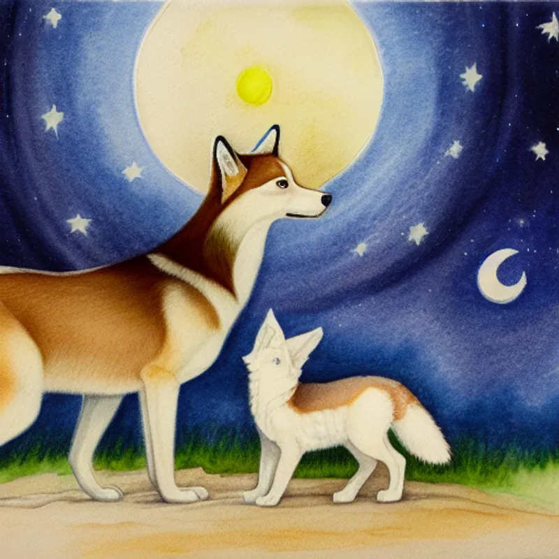 Artemis and the baby fox playing happily under a bright sun