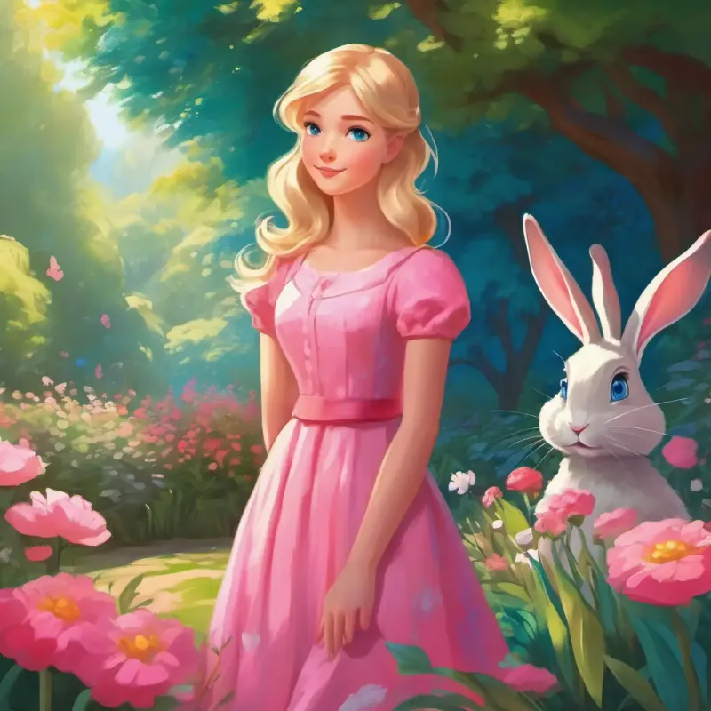 Blonde hair, bright blue eyes, fair skin, pink dress meets the rabbit in a colorful garden.