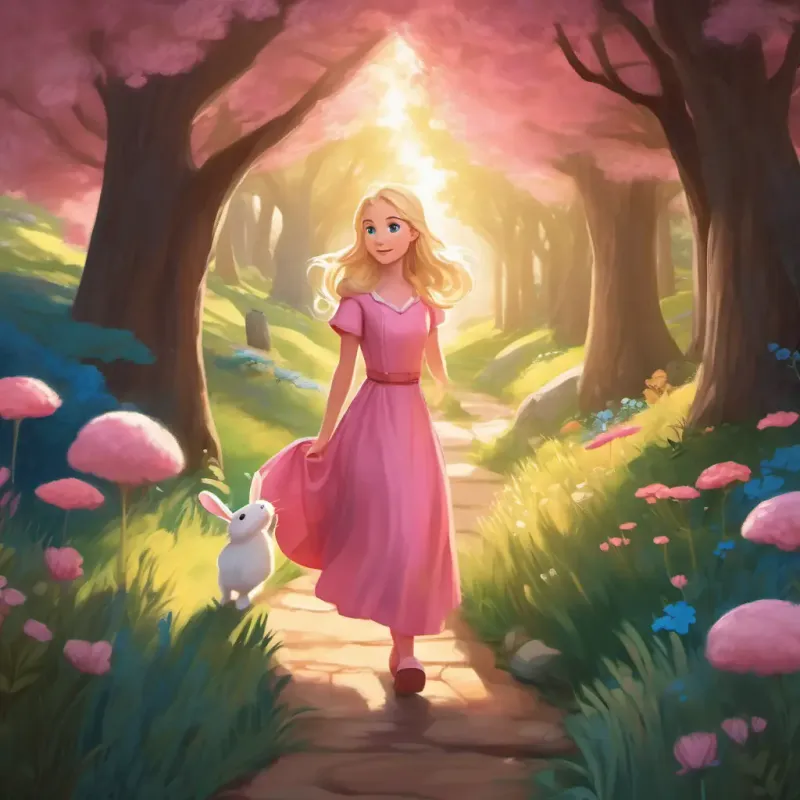 Blonde hair, bright blue eyes, fair skin, pink dress and the rabbit journey through the rabbit hole and discover the hidden world.