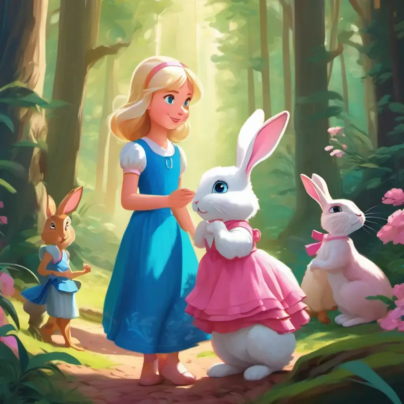 Blonde hair, bright blue eyes, fair skin, pink dress and the rabbit interact with talking animals in a lively forest.