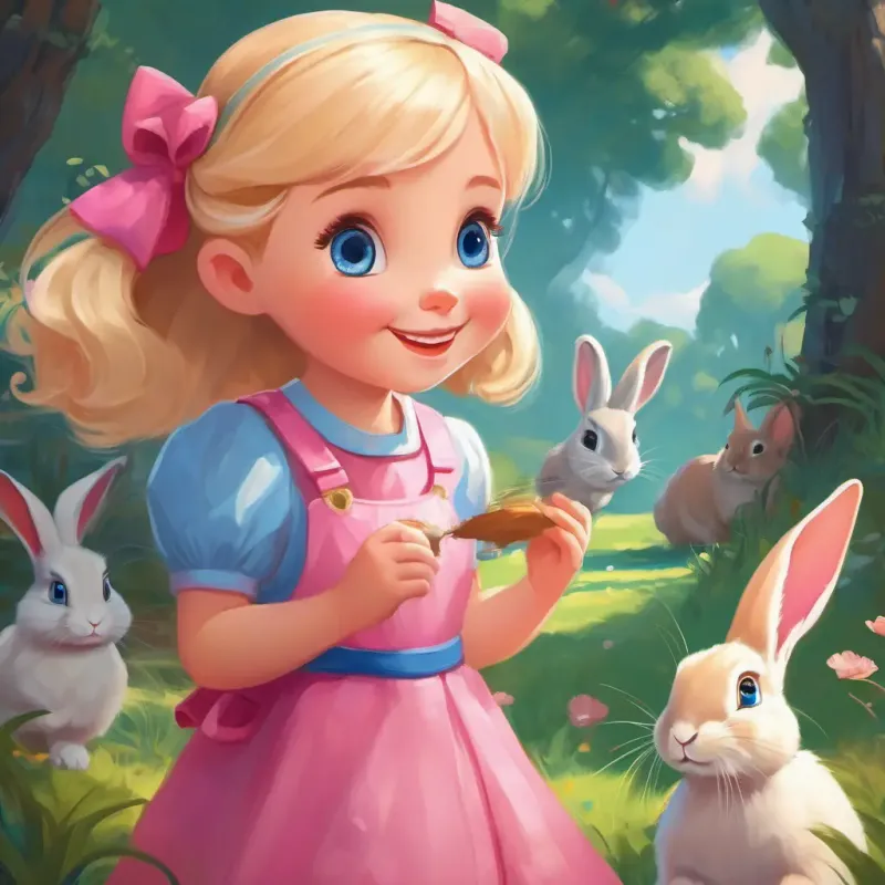Blonde hair, bright blue eyes, fair skin, pink dress and the rabbit entertain the animals with laughter and joy.