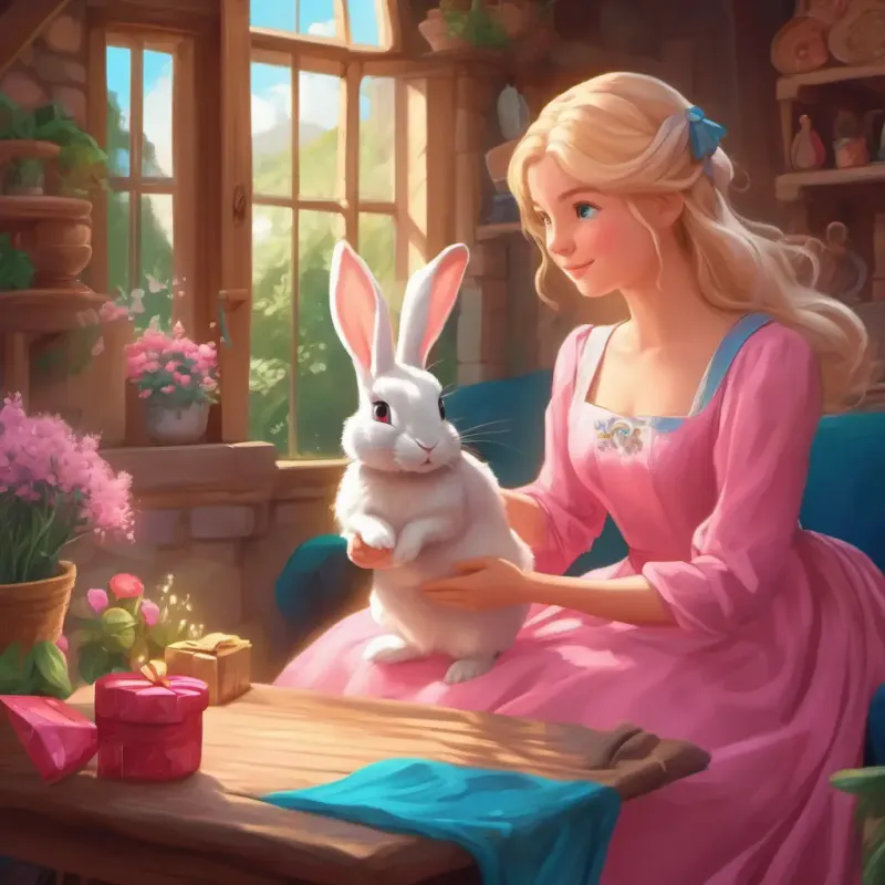 Blonde hair, bright blue eyes, fair skin, pink dress prepares to leave the magical world as the rabbit gives her a special gift.