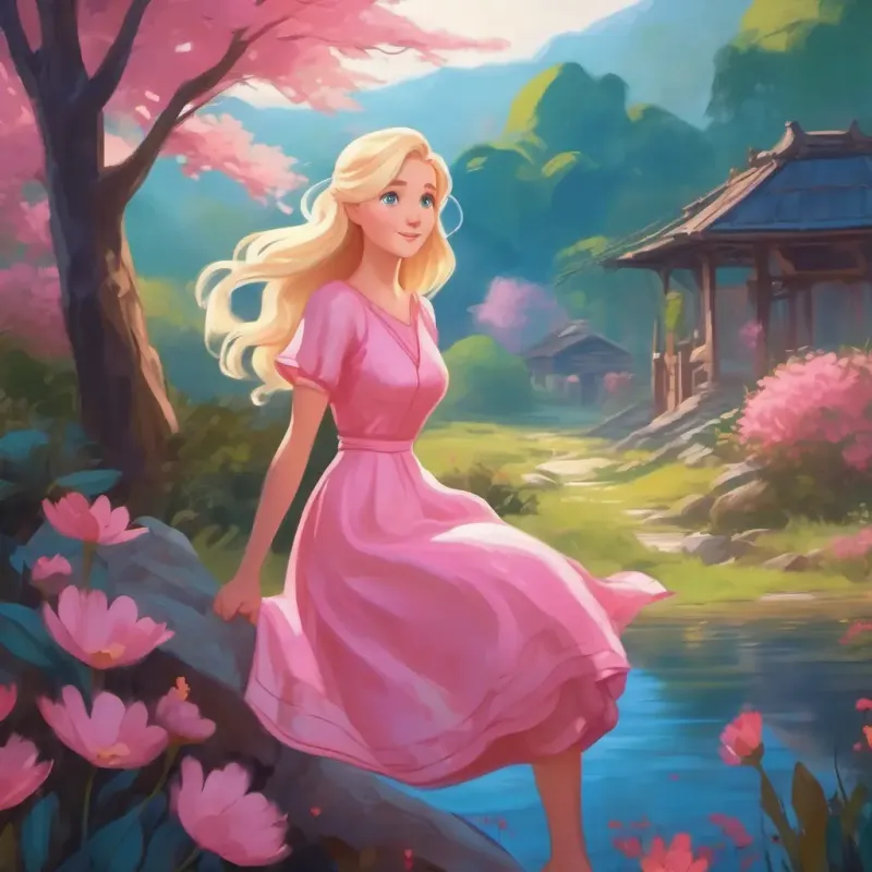 Blonde hair, bright blue eyes, fair skin, pink dress says farewell to her new friends and returns to the surface.