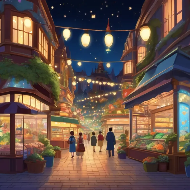 Introduction to the magical mall and characters, night time, shops personified