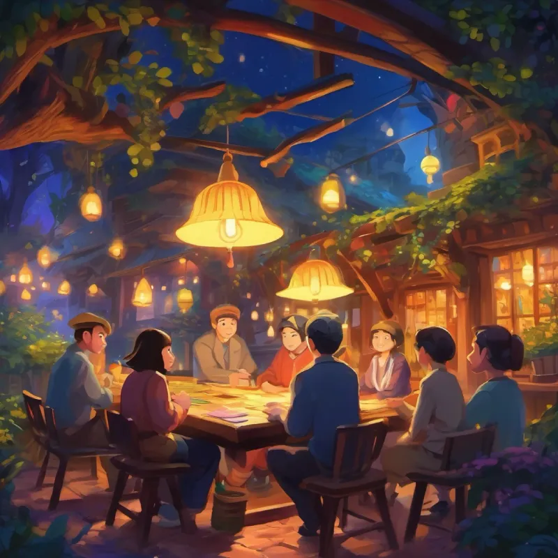 Meeting at Colorful, friendly face, full of imagination, treasure mentioned, night time, excitement