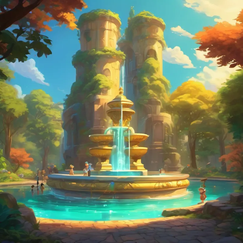 Discovery at the fountain, treasure found, excitement, music plays, climax