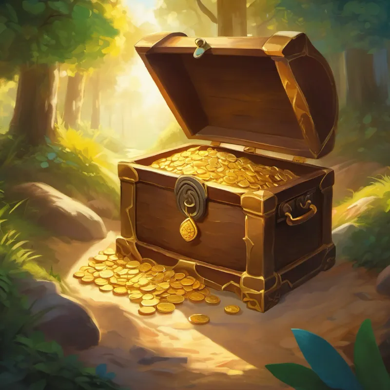 Treasure revealed, joy, key symbolizing ongoing adventures, happy ending
